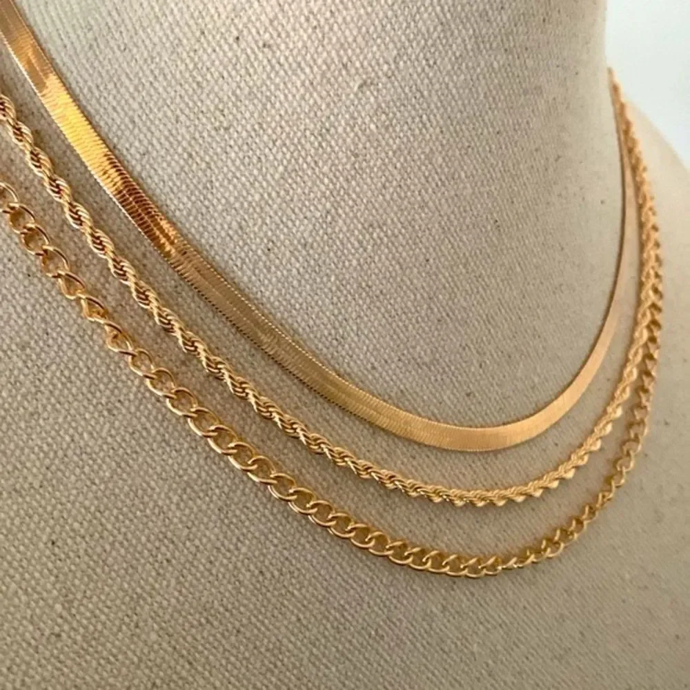 Triple Strand Gold Tone Chain Necklace, Layered Stacked